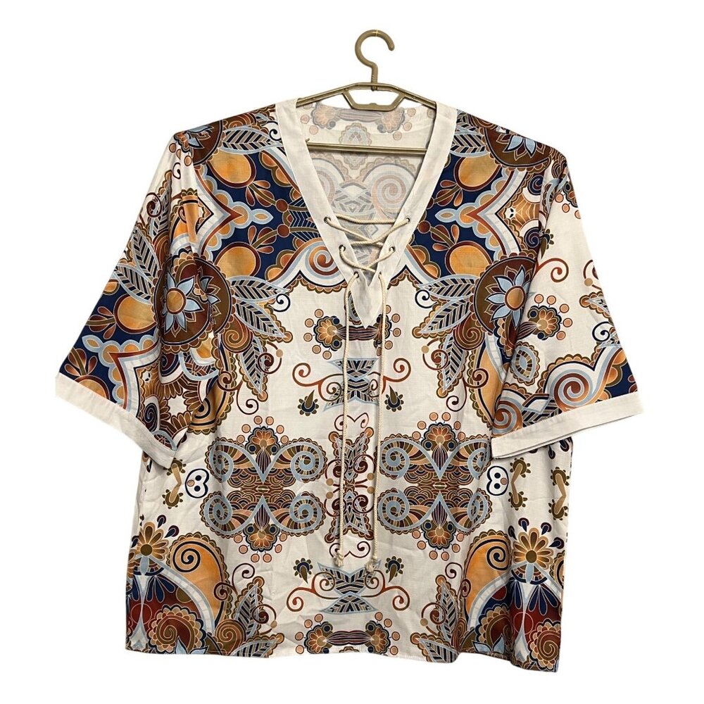 VGT-Inspired Multicolor Paisley Short-Sleeve Blouse With Lace-Up Neckline 3XL